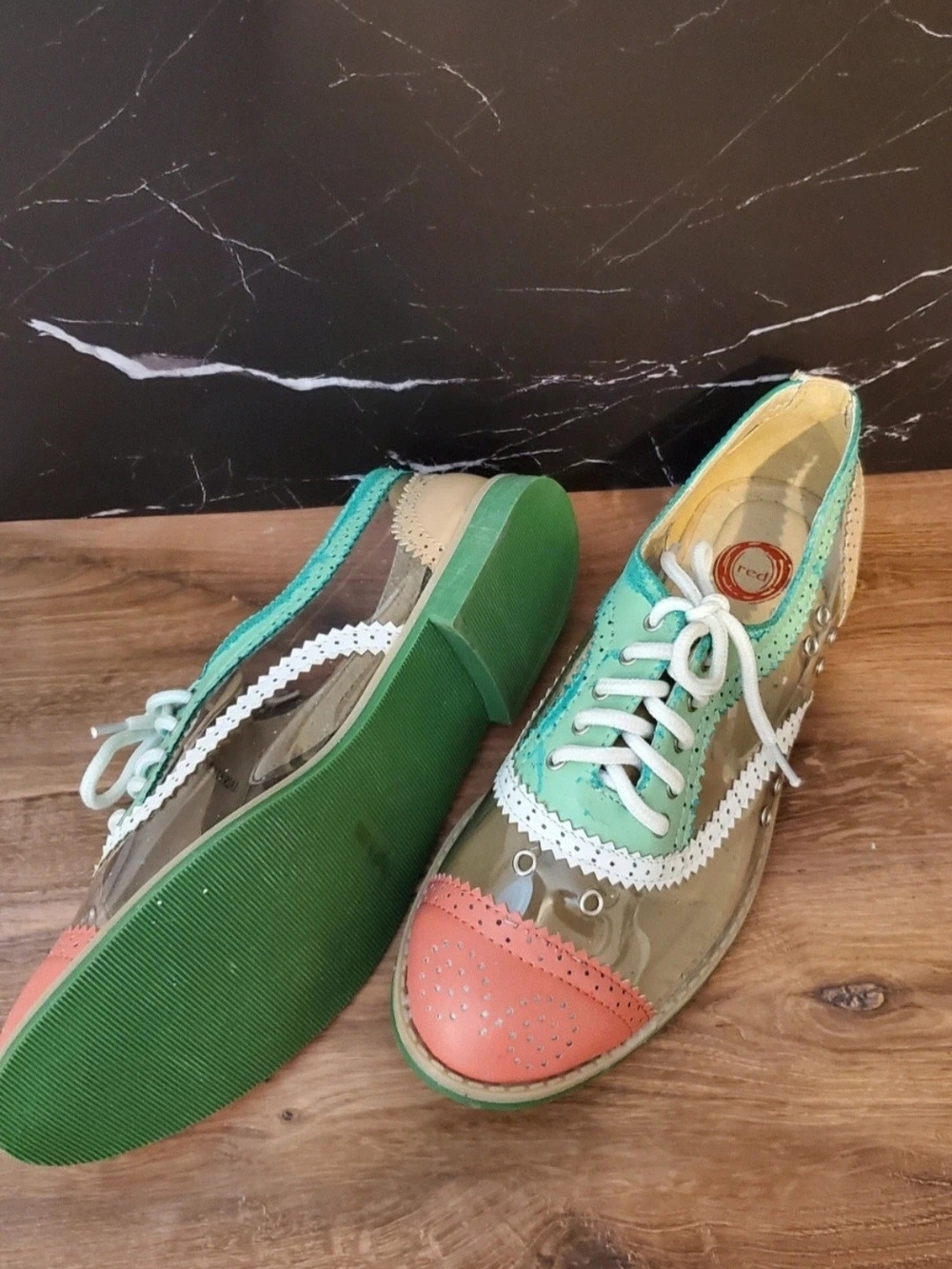 Red Circle Footwear Mint Green and Coral Wingtip Flats